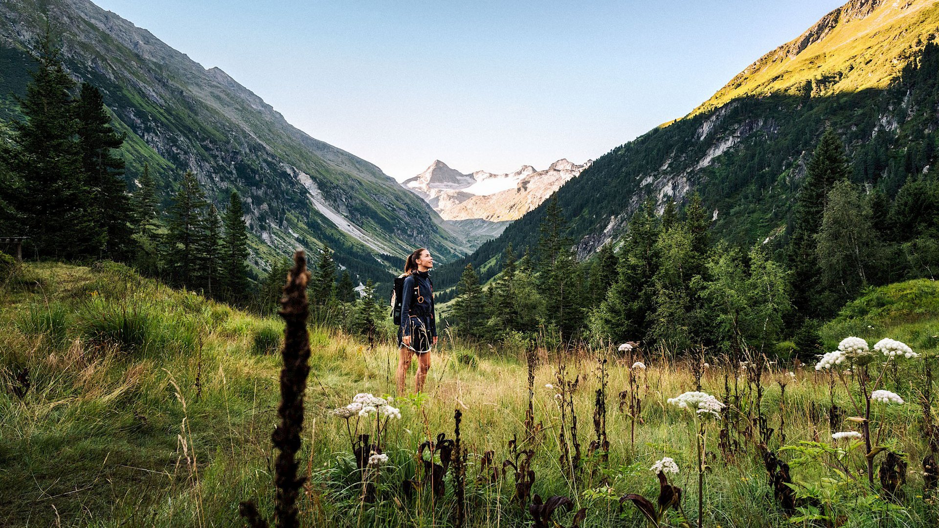 Bramberg am Wildkogel: Ausflugsziele Wanderin in Bergtal umgeben von Wiesen, Tannen und schneebedeckten Gipfeln