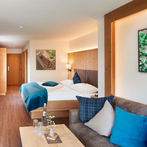 Accommodation near Wildkogel: Smaragdhotel Tauernblick Bright hotel room with double bed, sofa, and wall-mounted TV