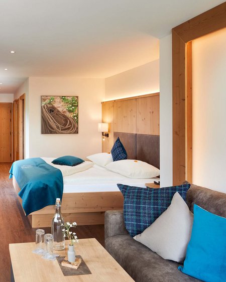 Wanderurlaub in Österreich und mehr Modernes Hotelzimmer mit Doppelbett, Sofa und TV mit Naturdekorationen