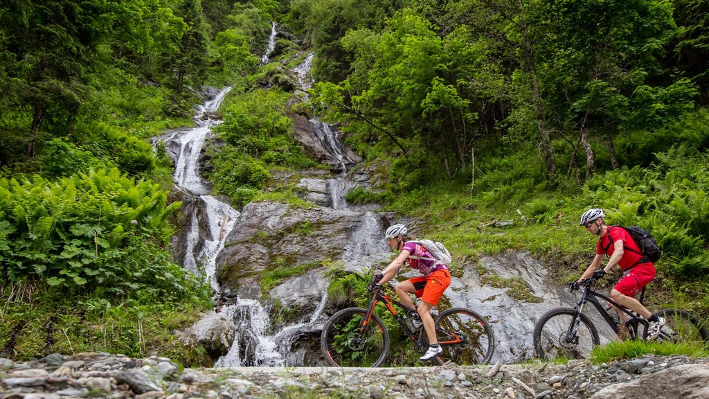 Hohe Tauern National Park: holiday for bikers Two mountain bikers ride on a trail past a waterfall and green forest scenery