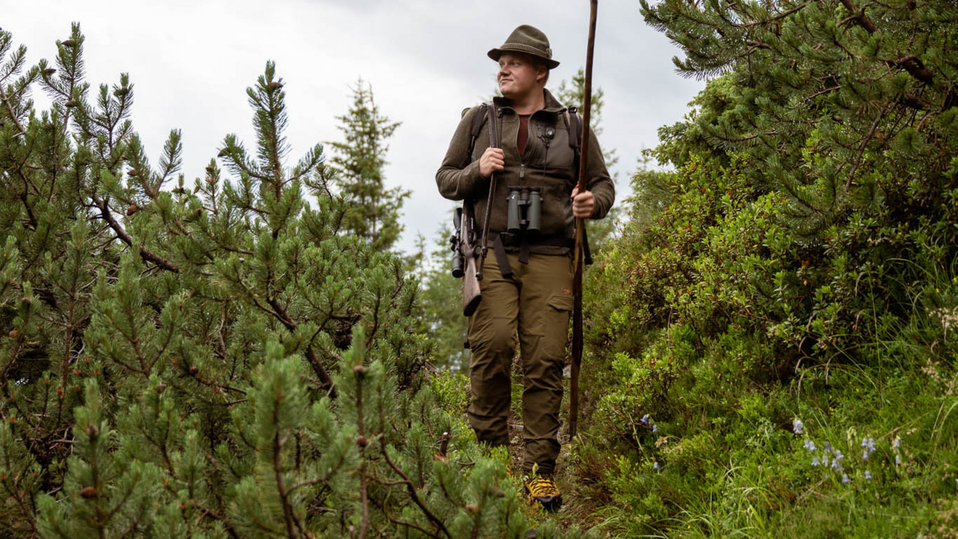 Mit Christoph ins Revier: Wildbeobachtung zwischen 1.600 und 2.000 Metern im Nationalpark Hohe Tauern. Hirsch, Gams, Murmeltiere und im Herbst die Hirschbrunft. Wanderer mit Hut und Wanderstock auf einem von Latschen gesäumten Bergpfad