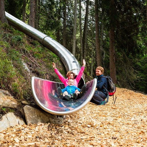 Hotel in Bramberg: Smaragdhotel Tauernblick Family enjoying sliding down a large metal slide in the forest