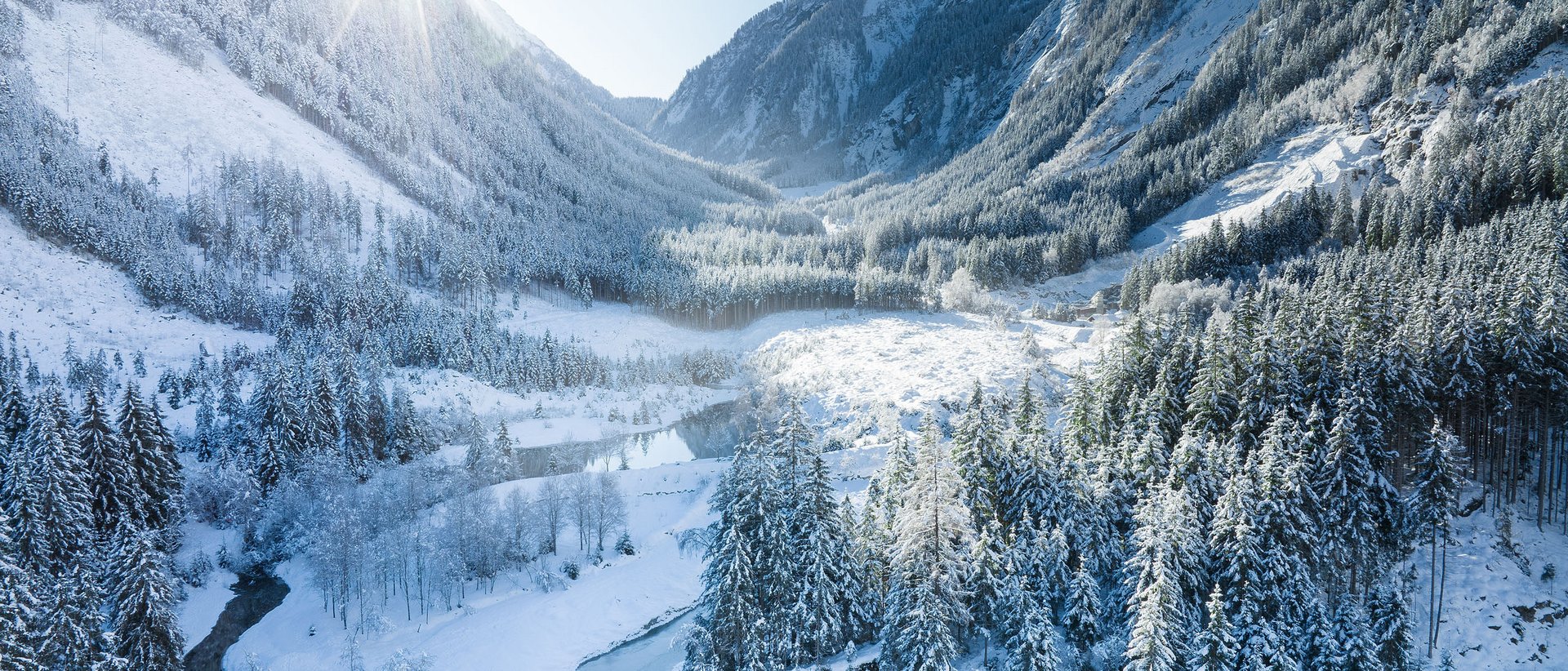 4 Sterne Hotel in Salzburgerland: Smaragdhotel Tauernblick Winterlandschaft mit schneebedeckten Tannen und Bergen im Sonnenschein