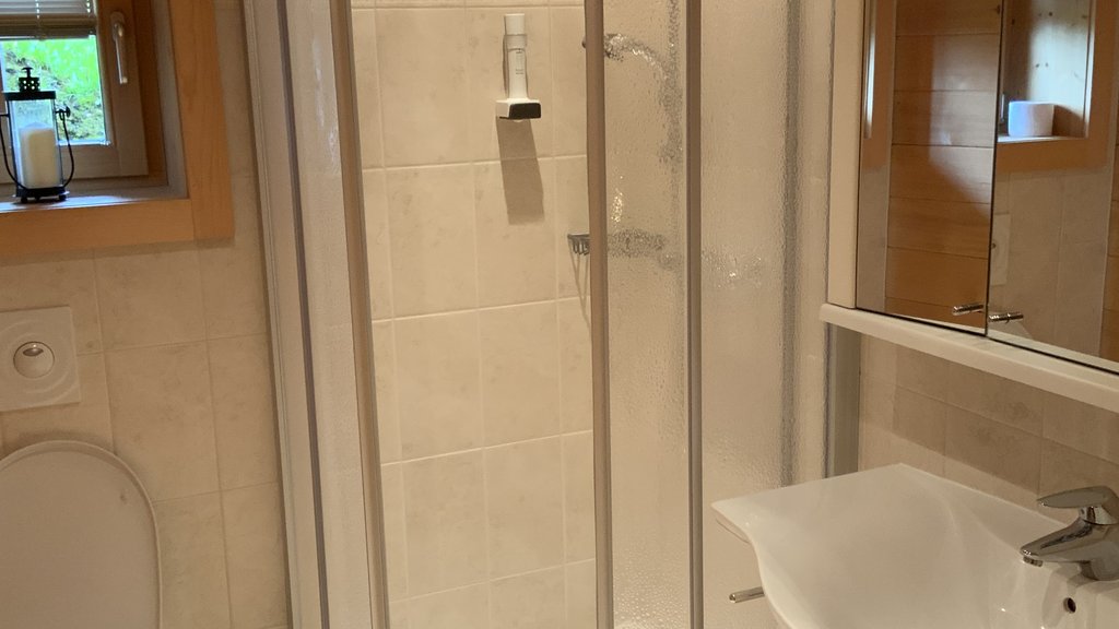 Das Ferienhaus Smaragd: ein wahres Juwel Kompaktes Badezimmer mit Toilette, Duschkabine und Waschbecken